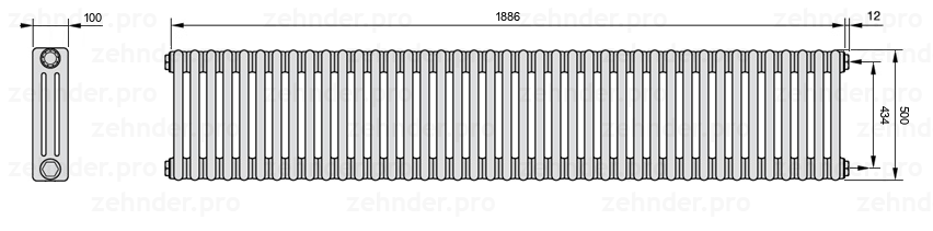 Схема (чертеж) Радиатор Zehnder Charleston 3050/41 №7610 Белый глянцевый RAL 9016
